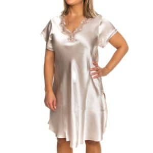 Lady Avenue Pure Silk Nightgown With Lace Champagne silke Large Dame