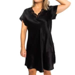 Lady Avenue Pure Silk Nightgown With Lace Sort silke Large Dame